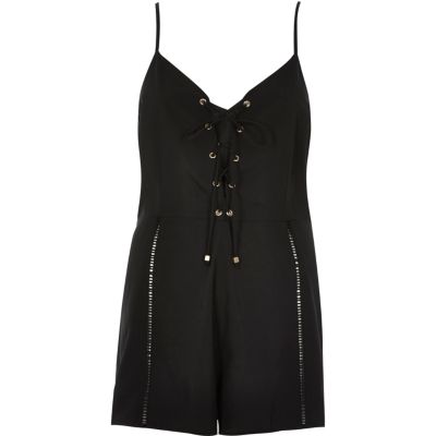 Black eyelet lace-up front playsuit